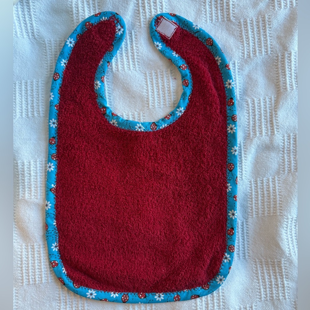 Red Baby Bib with Ladybug Blue Trim